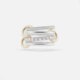 The Halley Deux Diamond Band Ring by SPINELLI KILCOLLIN showcases intertwined gold and sterling silver bands, some accented with round diamonds. Gold connectors complete this elegant design, photographed on a plain white background.