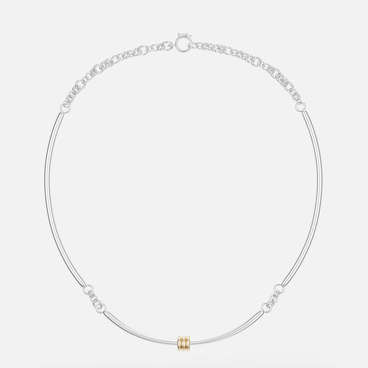 The Hello Tria Silver Necklace by SPINELLI KILCOLLIN features a minimalist sterling silver chain with a central gold cylinder accent and subtle decorative links, reflecting refined modular jewelry design.