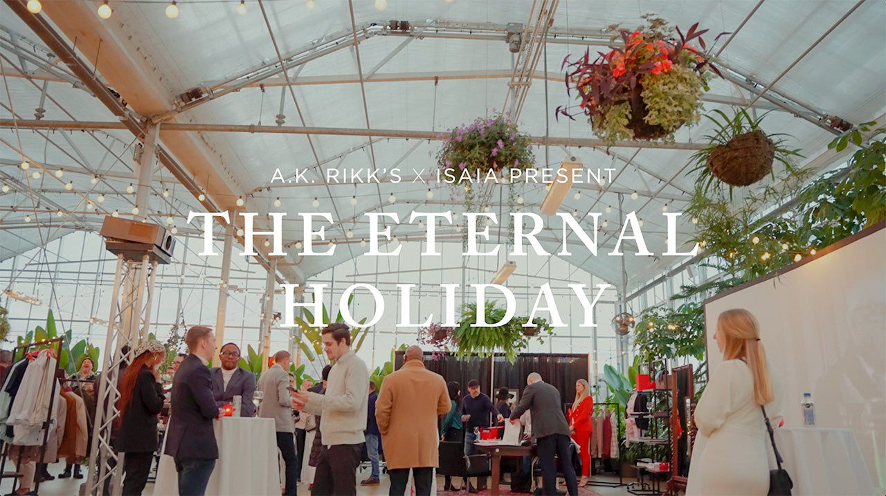 image with text "A.K. Rikk's X Isaia Present The Eternal Holiday" image is of people attending and event in a green house
