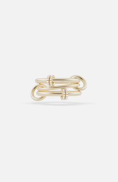 The Jovie Double Pave Ring by SPINELLI KILCOLLIN features a modular gold design with interlocking links and two rows of sparkling diamonds accenting the central links, shown on a plain white background.