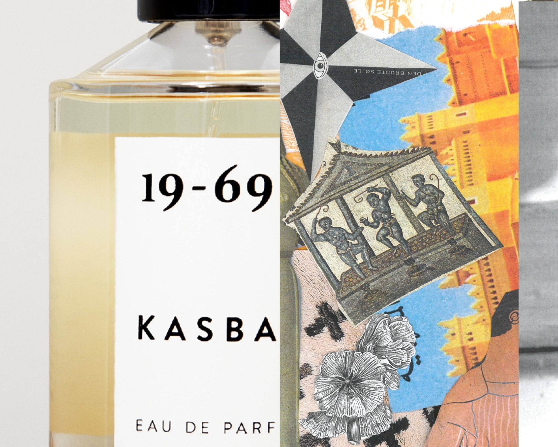 Perfume bottle labeled '19-69 KASBA' with a collage of images in the background