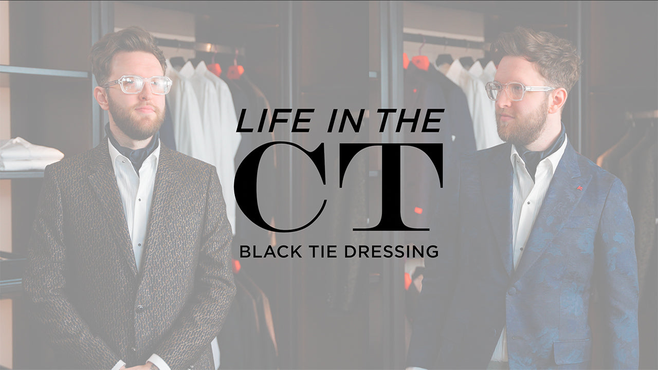 Image with text "Life in the CT Black Tie Dressing" Image is of personal shopper CT McCallister modeling two different black tie jackets