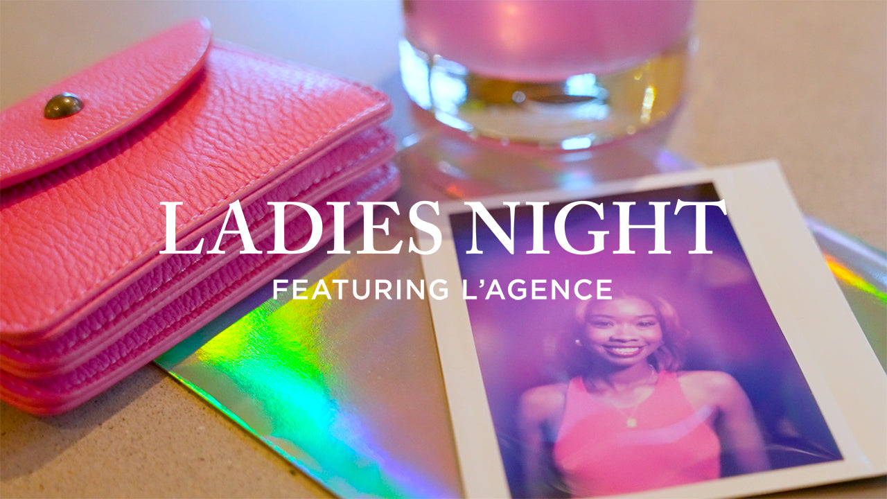 image with text "ladies night featuring L'agence" image is of a polaroid photo of a woman, a pink wallet and purple cocktail