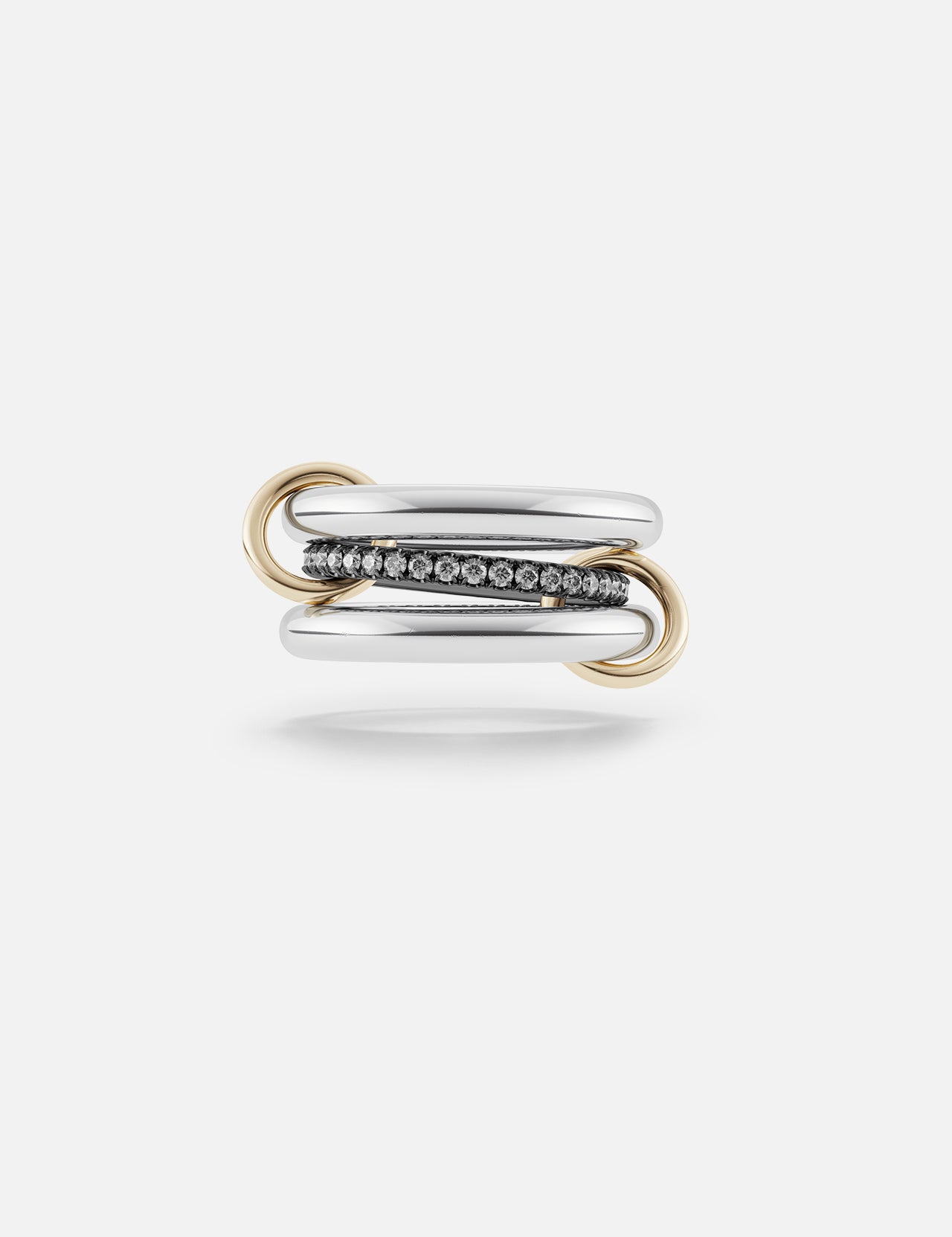 The SPINELLI KILCOLLIN Libra Gris Diamond Ring features two polished sterling silver and gold bands linked by gold loops, with a center diamond band in dark metal, shown on a plain white background.