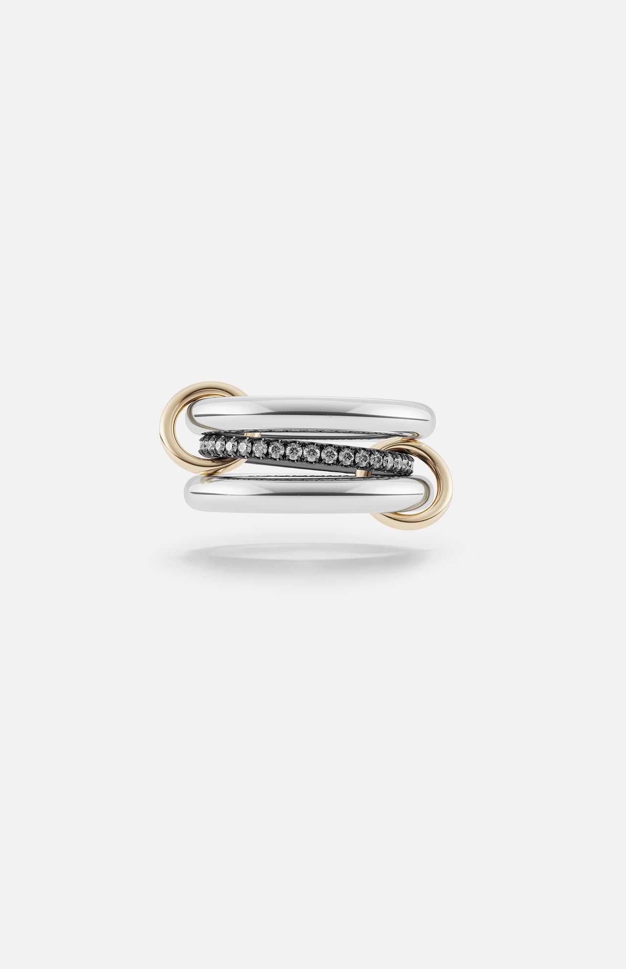 The SPINELLI KILCOLLIN Libra Gris Diamond Ring features two polished sterling silver and gold bands linked by gold loops, with a center diamond band in dark metal, shown on a plain white background.