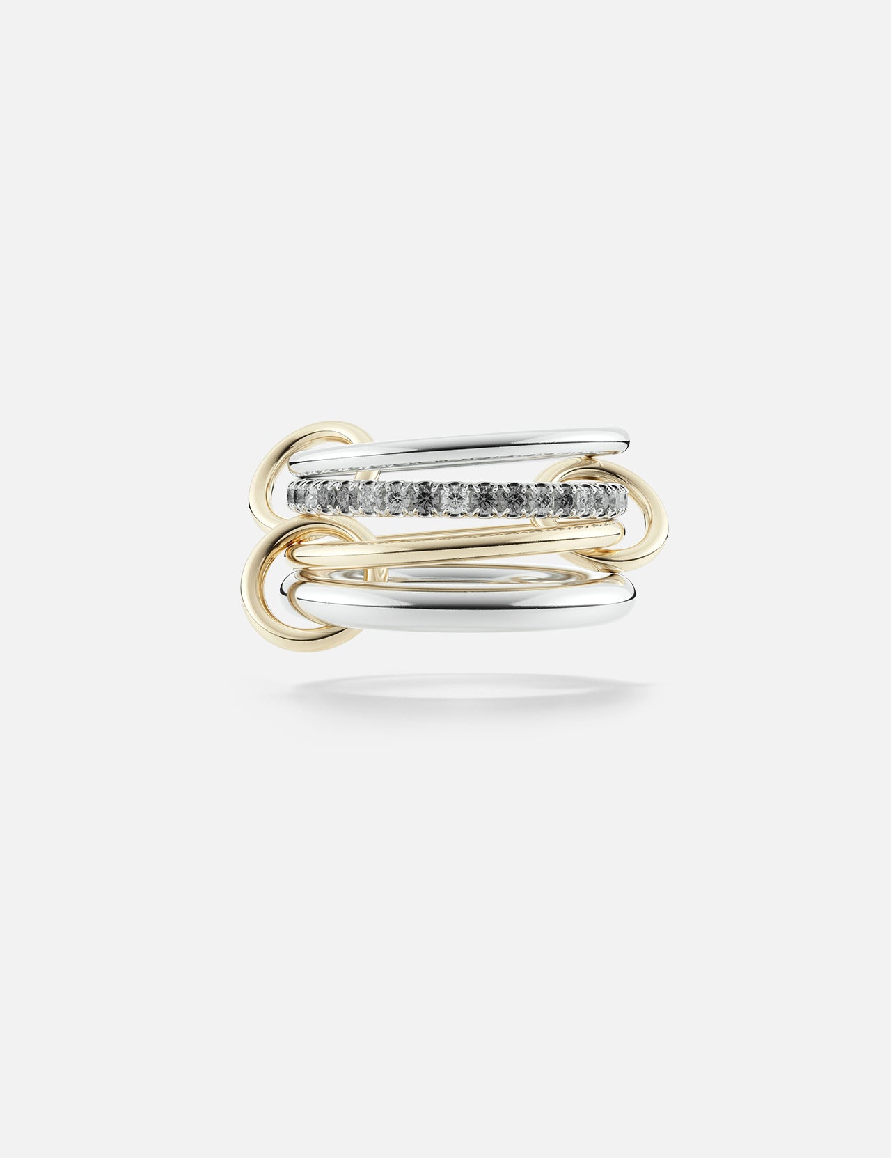 The SPINELLI KILCOLLIN Nimbus 4 Band Diamond Ring features overlapping gold and silver bands, with a central band embellished with sparkling diamonds, set against a plain white background.