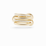 The SPINELLI KILCOLLIN Polaris 4 Band Ring features multiple intertwined yellow gold bands, some adorned with small diamonds, creating a stacked diamond ring design against a white background.