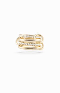 The SPINELLI KILCOLLIN Polaris 4 Band Ring features multiple intertwined yellow gold bands, some adorned with small diamonds, creating a stacked diamond ring design against a white background.