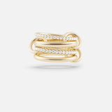 The Polaris 4 Band Ring by SPINELLI KILCOLLIN showcases four intertwined yellow gold bands, two accented with sparkling white gemstones, reflecting the brand's signature style and presented on a plain white background.