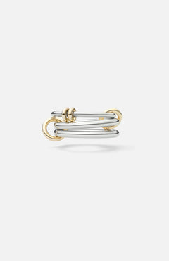 The Raneth 3 Band Ring by SPINELLI KILCOLLIN features intertwined sterling silver and gold polished bands in a modern, minimalist open design with smooth, overlapping loops. Shown against a white background.