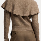 Back view of a brown speckled RALPH LAUREN COLLECTION Cashmere Turtleneck Cardigan Sweater featuring a wide, draped cape overlay collar.