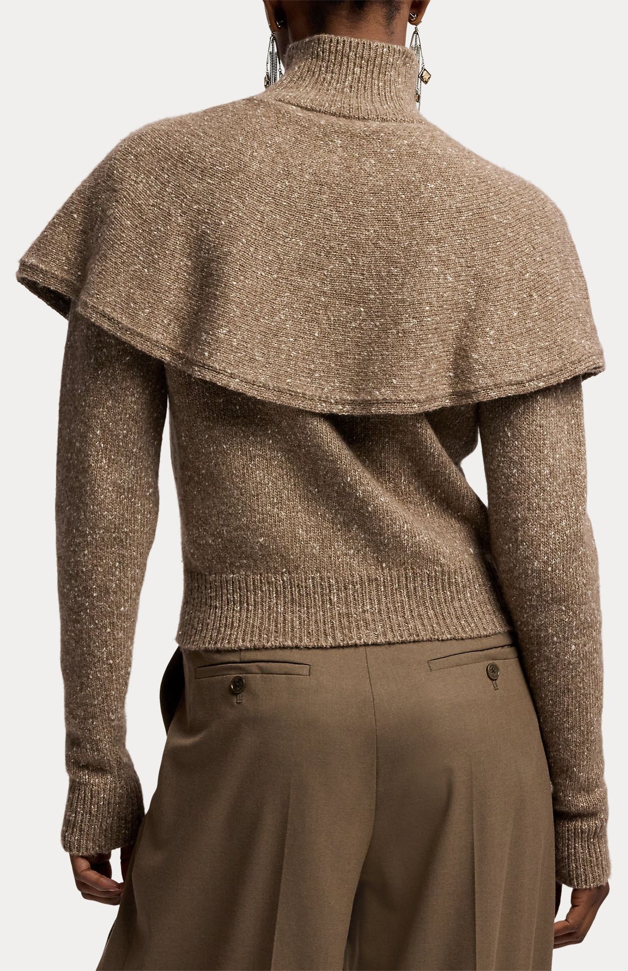 Back view of a brown speckled RALPH LAUREN COLLECTION Cashmere Turtleneck Cardigan Sweater featuring a wide, draped cape overlay collar.
