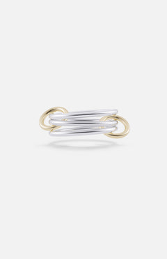 The Solarium SG 3 Band Ring by SPINELLI KILCOLLIN features modern intertwining sterling silver bands with yellow gold connectors, showcasing elegant, overlapping minimalism against a plain white background.