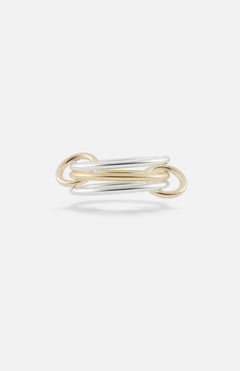 The Solarium 3 Band Ring by SPINELLI KILCOLLIN features interwoven sterling silver and yellow gold loops in a minimalist, elegant design, showcased against a plain white background.