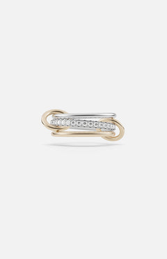 The SPINELLI KILCOLLIN Tigris Pavé Band Ring features intertwined yellow and white gold bands, with the white gold band pavé-set with round diamonds, showcased against a plain white background.
