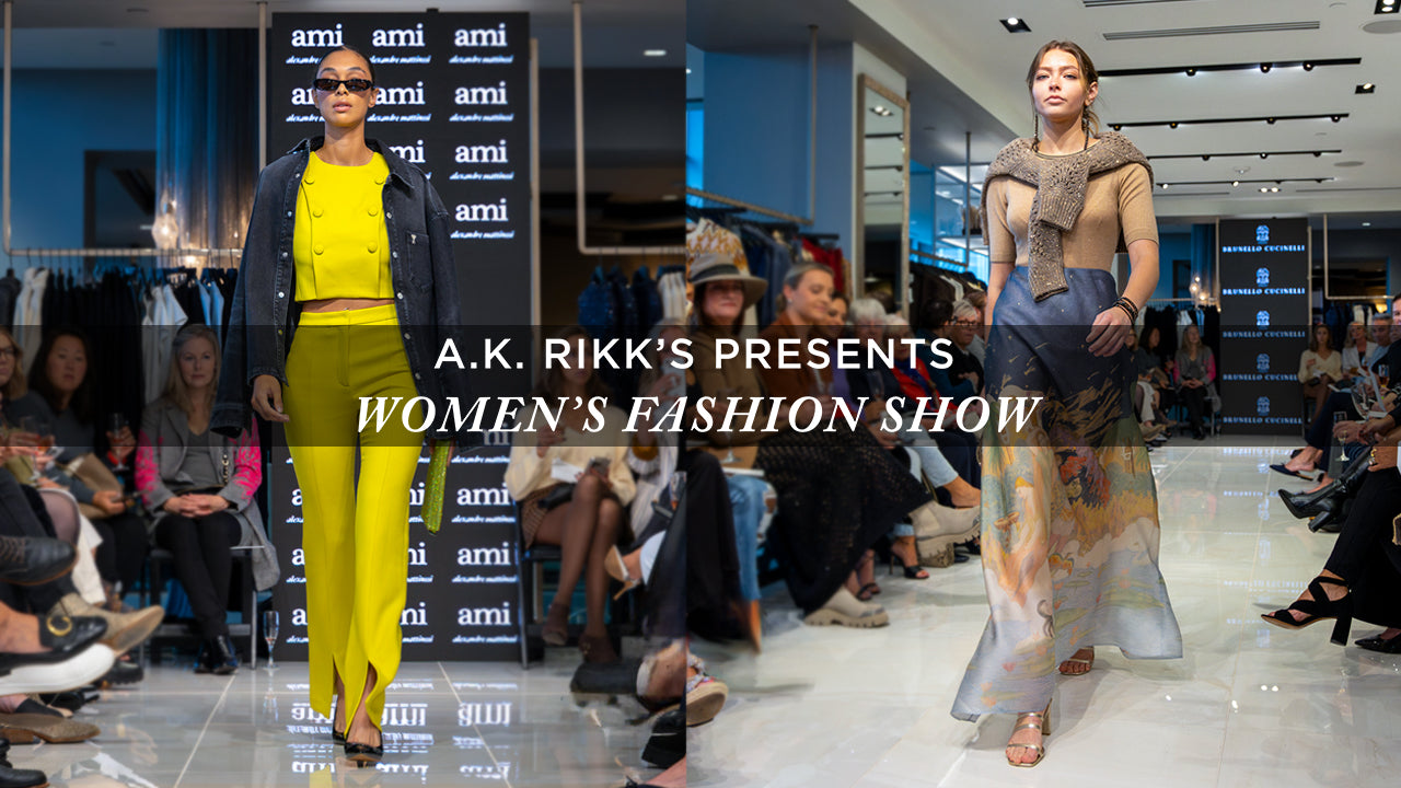 image with text "A.K. Rikk's presents womens fashion show" image is of two models walking the runway in new fall fashion