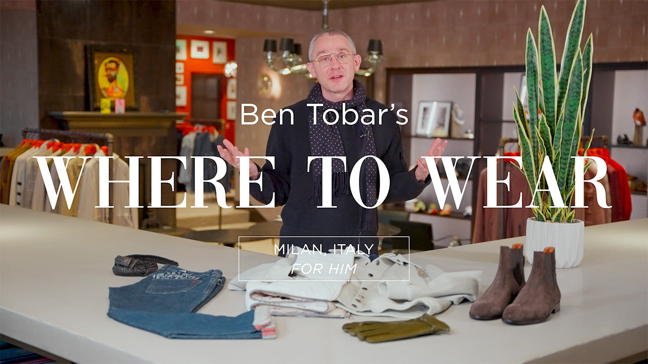 Load video: Image is of personal shopper Ben Tobar showcasing an outfit for Milan, Italy business travel