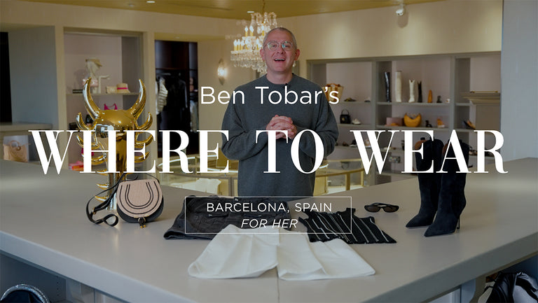 image with text "Ben Tobar's Where to Wear Barcelona, Spain For Her" image is of Personal Shopper Ben Tobar showcasing a new outfit for womens
