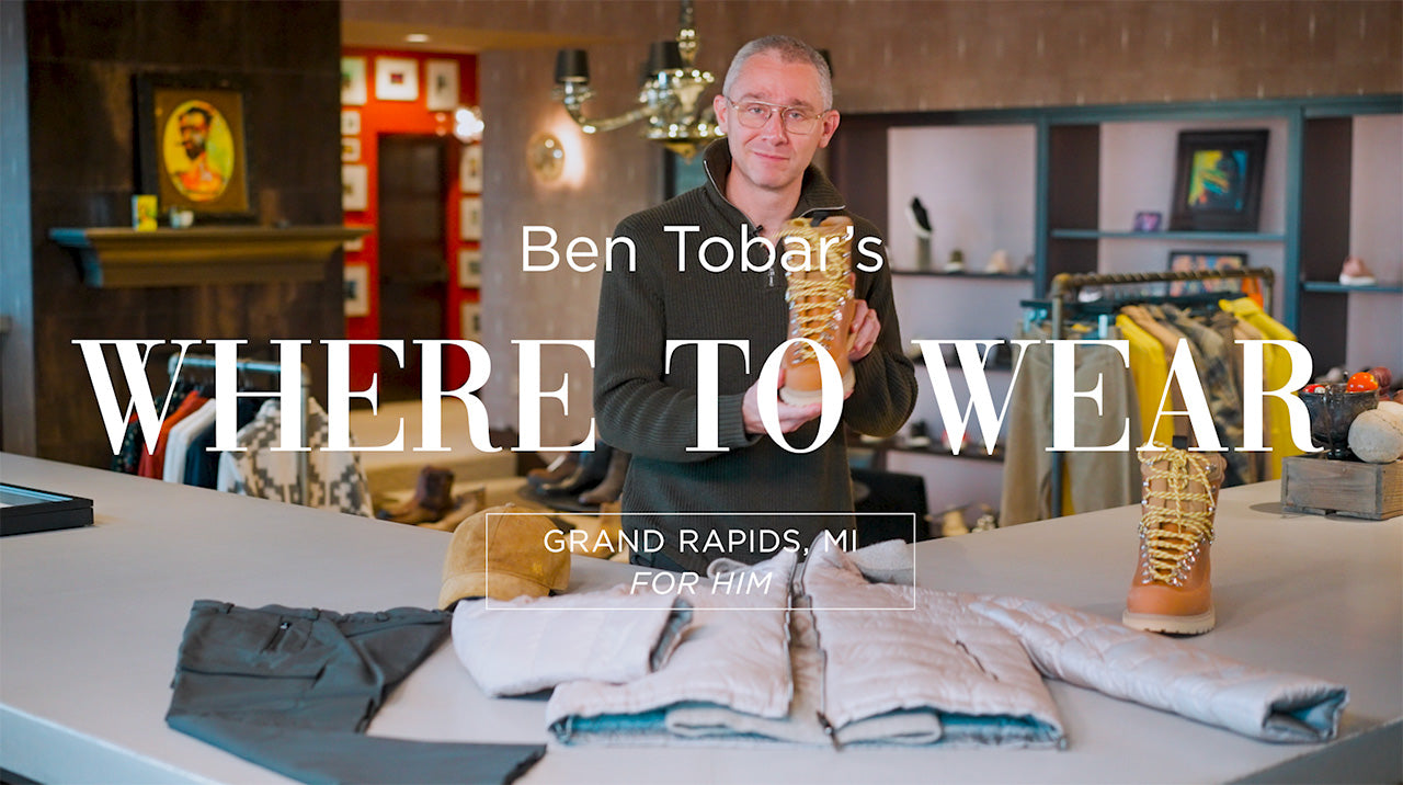 Load video: Video of Personal Shopper Ben Tobar highlighting an outfit for Grand Rapids, MI available at A.K. Rikk’s in-store and online.
