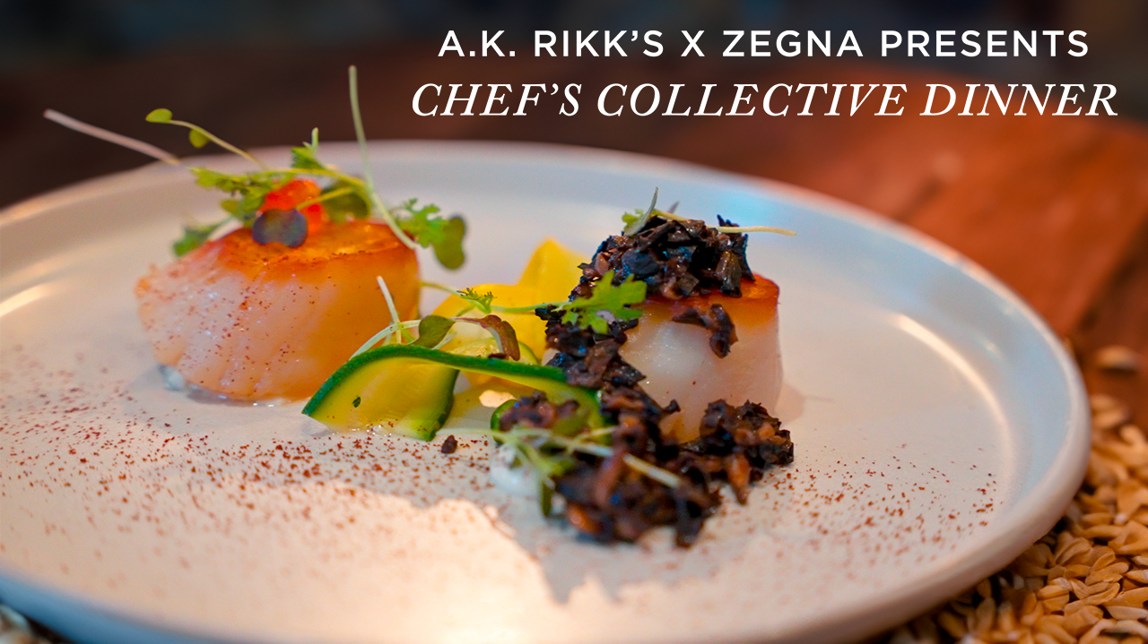 image with text "A.K. Rikk's X Zegna presents Chef's Collective Dinner" image is of a gourmet scallop based dish presented on a white plate