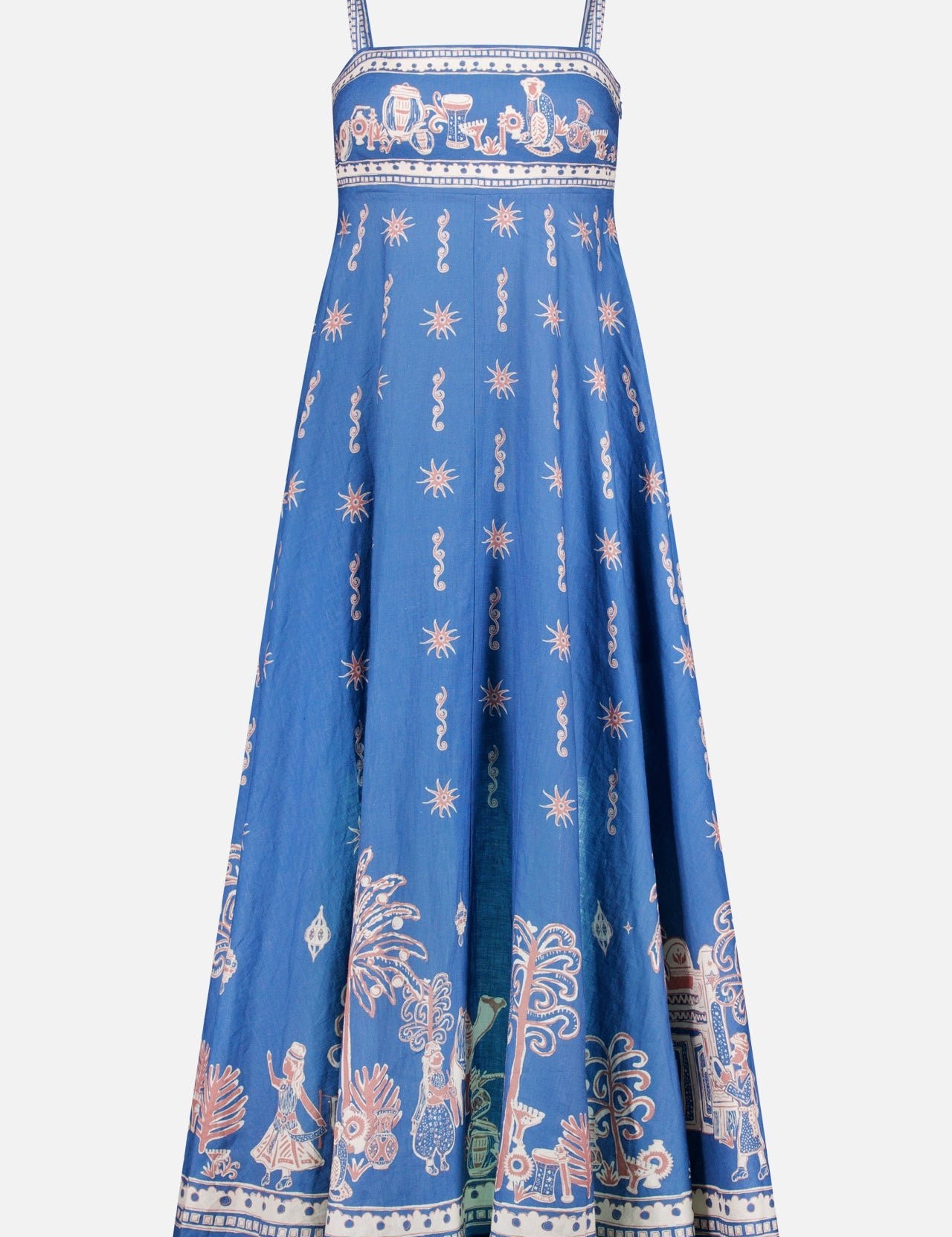 The ALEMAIS Acacia Linen Midi Sundress is a sleeveless blue dress with adjustable straps, intricate colorful embroidery of people and animals on the hem and bodice, and a flared A-line silhouette for effortless summer style.