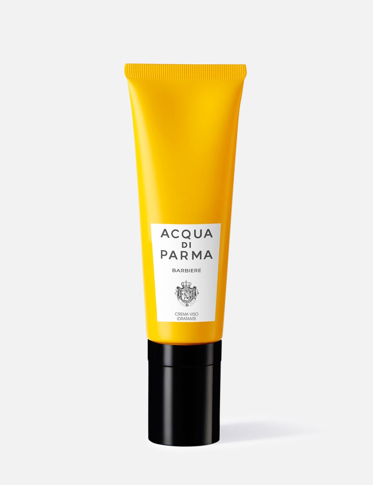 A yellow tube with a black cap labeled ACQUA DI PARMA Barbiere Moisturizing Face Cream is shown on a white background. This men's skincare product features a lightweight, hydrating formula.