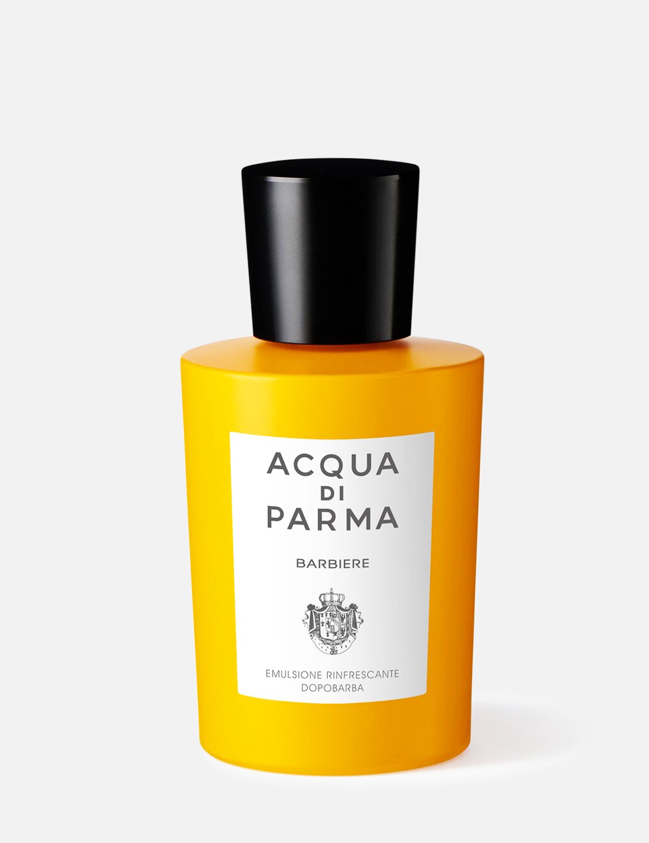 A yellow bottle of ACQUA DI PARMA Barbiere Refreshing After Shave Emulsion, made in Italy, with a black cap and a white label showing the brand and product name in black text.