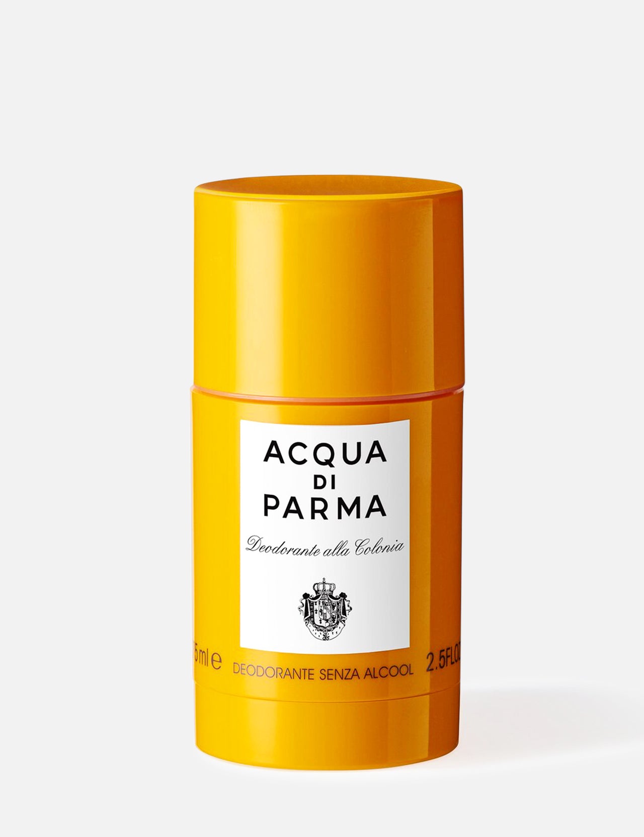 A yellow cylindrical stick with a white label reading “ACQUA DI PARMA” and crest, featuring "Colonia Deodorant Stick Alcohol-Free" and the iconic Colonia scent. Set against a white background.