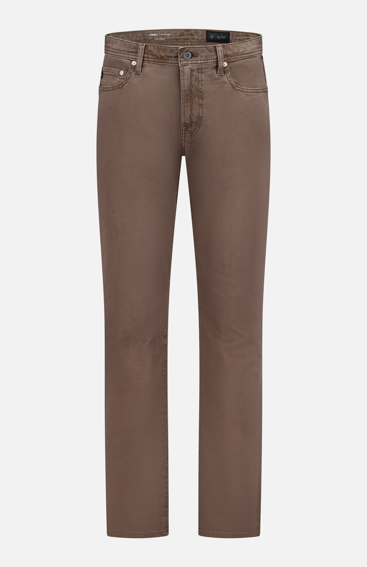 The Everett Slim Colored Jeans by AG are slim fit, grey-brown, straight-leg jeans with five pockets and a button closure, shown against a plain white background.