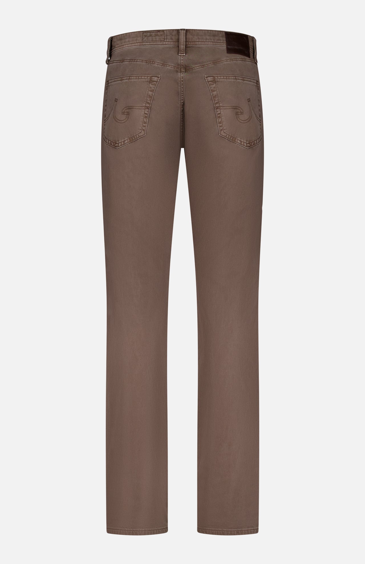 AG Everett Slim Colored Jeans in brown, crafted from Italian stretch sateen, feature a slim fit, two back pockets with stitched designs, and belt loops at the waistband.