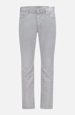The AG Everett Slim Colored Pants in light grey are shown on a white background, made from textured cotton denim with a slim straight fit, five-pocket design, and button closure.