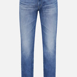 The AG Everett All-direction Stretch Jeans are slim fit blue jeans made from stretch denim, featuring a classic five-pocket design, button and zip closure, and light fading on the thighs and knees. Shown against a plain white background.