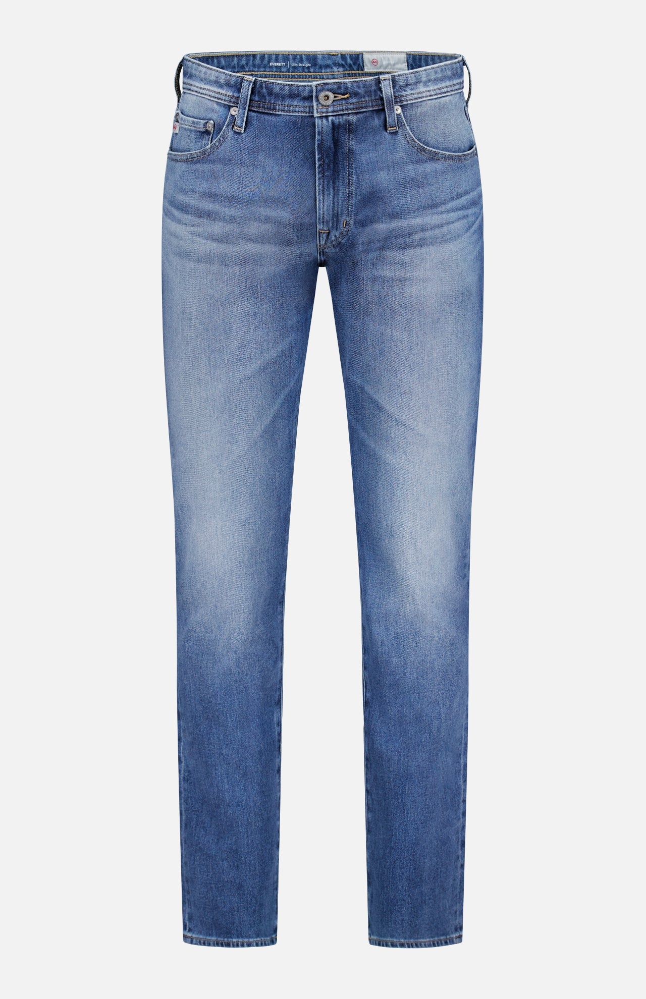 The AG Everett All-direction Stretch Jeans are slim fit blue jeans made from stretch denim, featuring a classic five-pocket design, button and zip closure, and light fading on the thighs and knees. Shown against a plain white background.