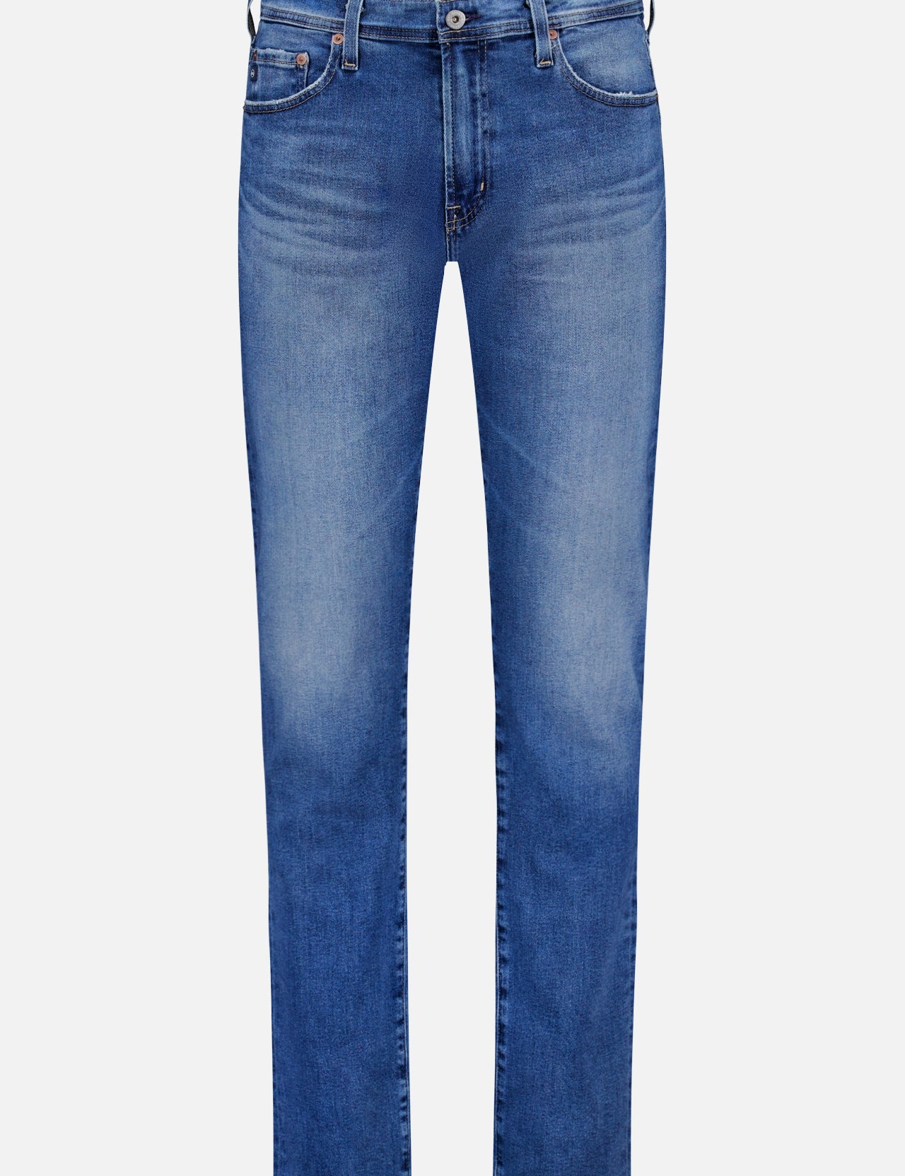 The AG Everett Slim Straight Jeans feature a slim straight-leg cut, five pockets, button and zipper closure, and subtle fading on the thighs and knees, shown against a white background.