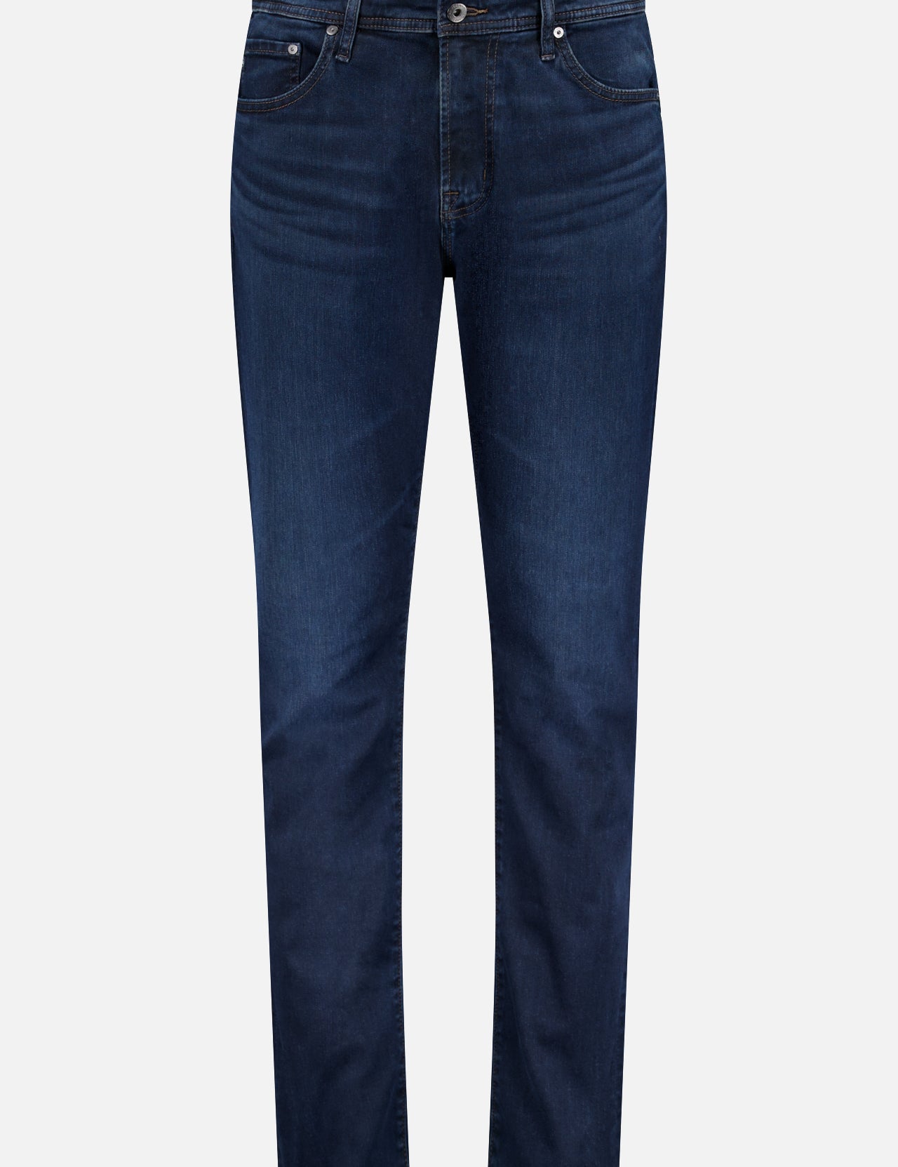 The AG Everett Slim Cloud Soft Jeans feature a dark blue wash, straight-leg cut, five pockets, and button-zip closure, shown on a white background.