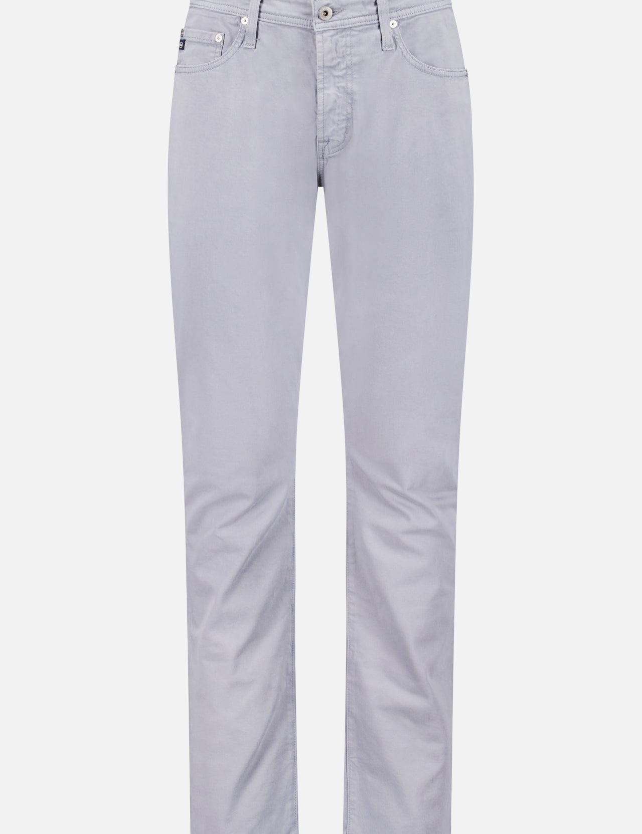 The AG Everett Italian Stretch Sateen Pant in light grey features a slim fit, front and back pockets, belt loops, and a button-zip closure, shown here on a plain white background.