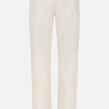 Back view of AG Everett Pants: slim straight fit, off-white, with belt loops, rear patch pockets, and a visible waistband seam—crafted from sustainable fabric for effortless style.