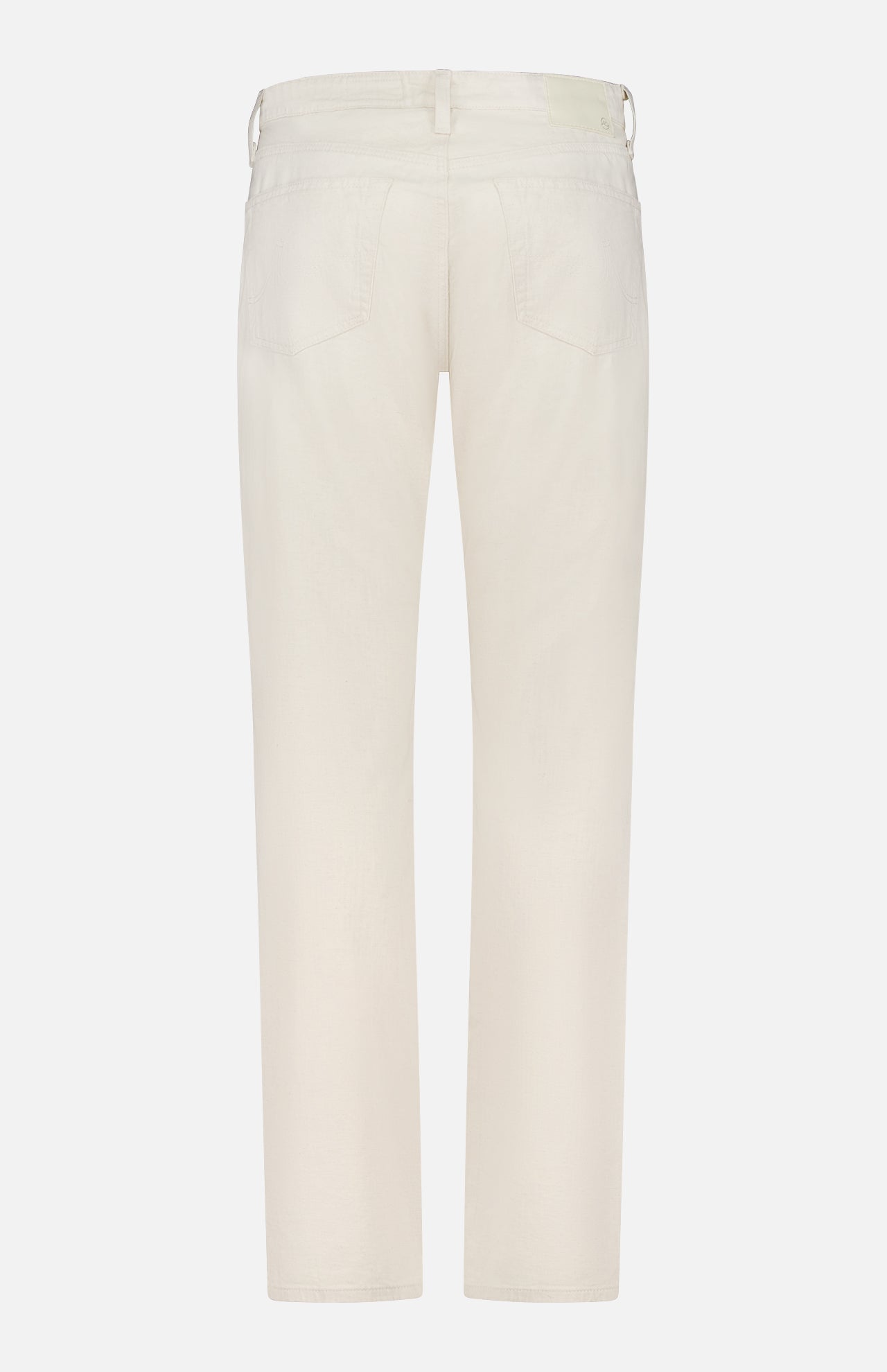 Back view of AG Everett Pants: slim straight fit, off-white, with belt loops, rear patch pockets, and a visible waistband seam—crafted from sustainable fabric for effortless style.