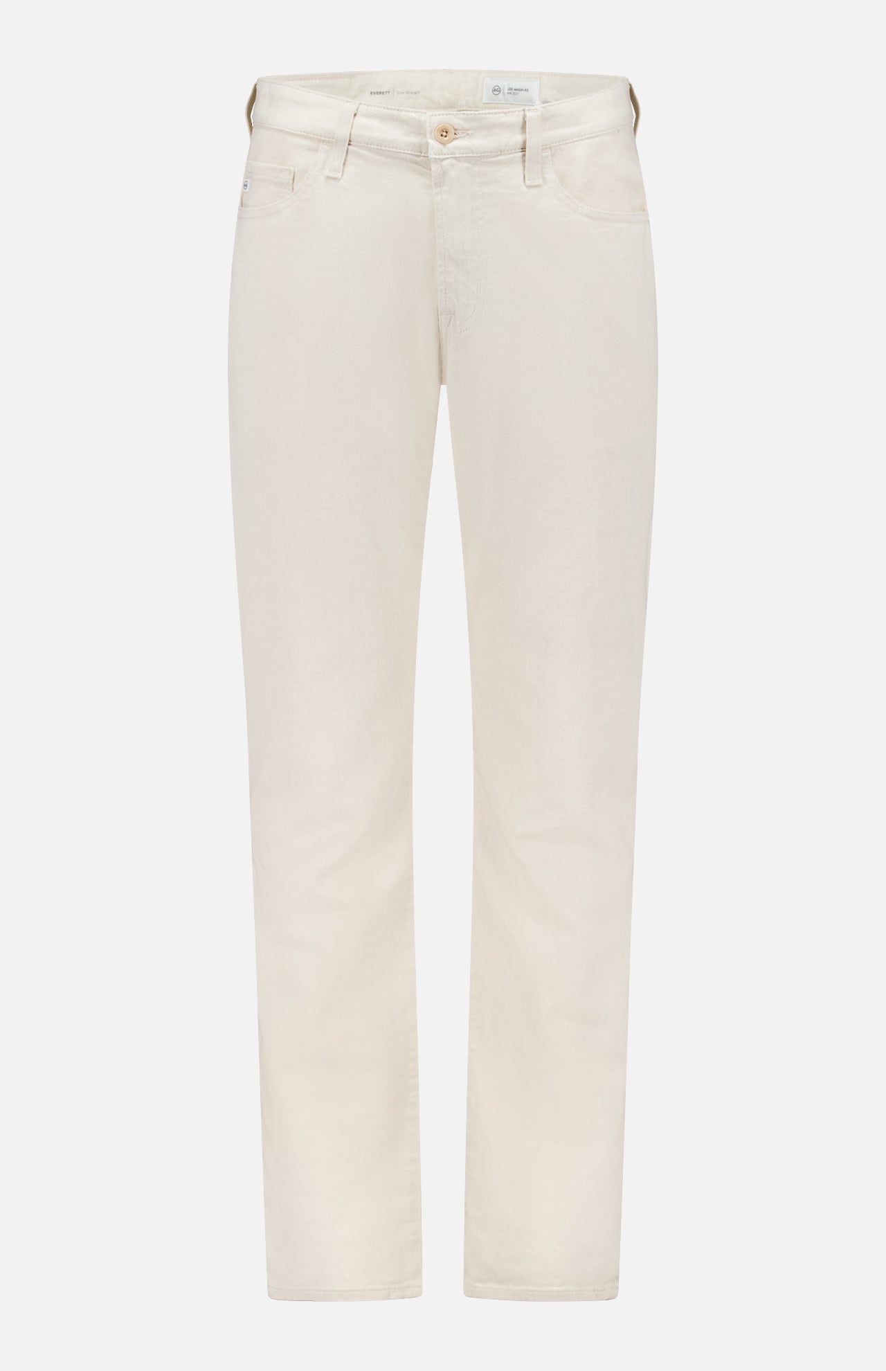 The AG Everett Pants are slim straight-fit, light beige jeans with button and zipper closure, front and back pockets, made from sustainable fabric and shown against a white background.