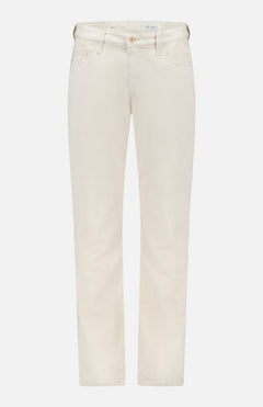 The AG Everett Pants are slim straight-fit, light beige jeans with button and zipper closure, front and back pockets, made from sustainable fabric and shown against a white background.