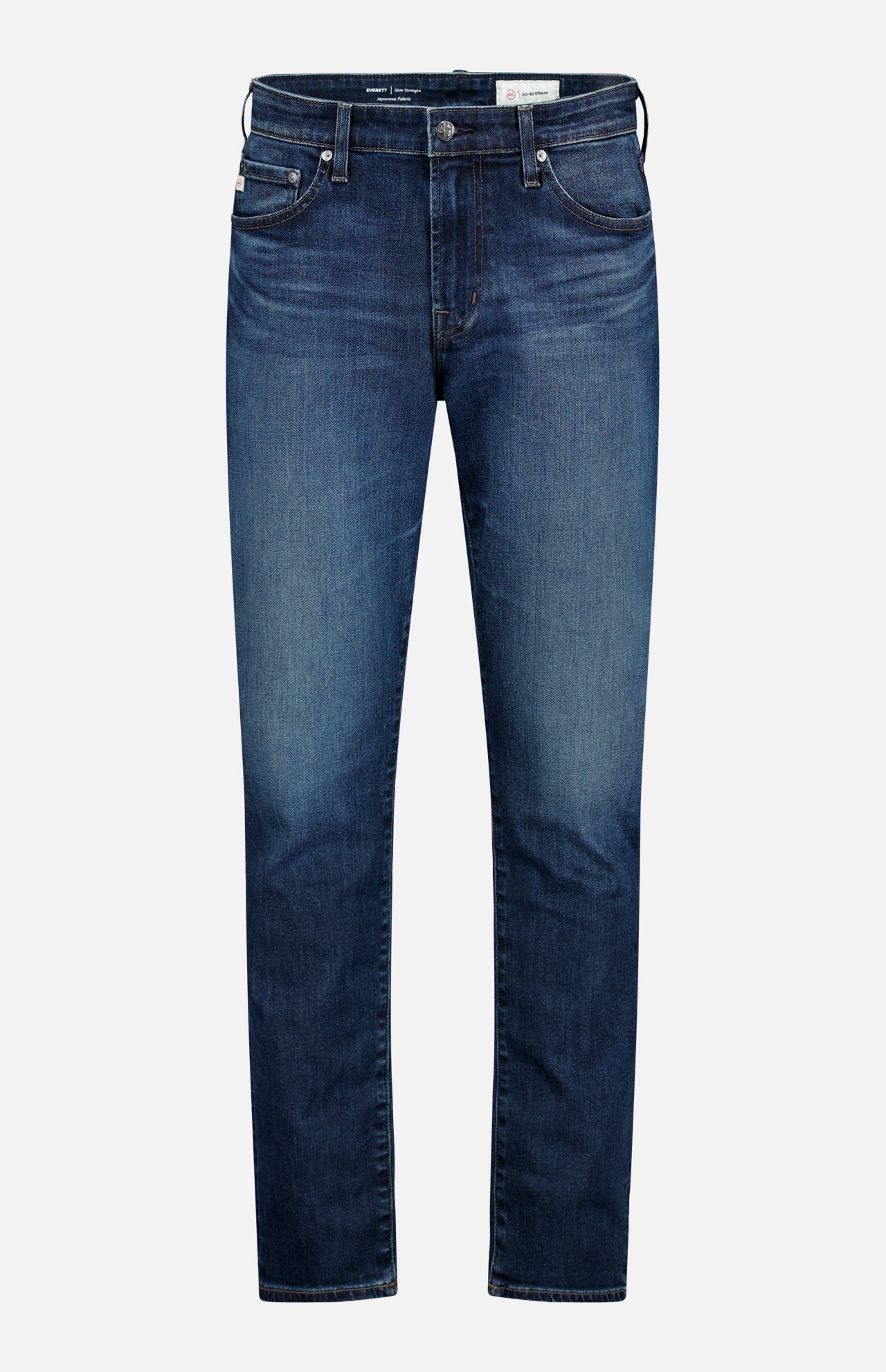 The AG Everett Jean in 5 Years features classic five-pocket styling and a straight leg cut in dark blue denim, displayed against a white background.