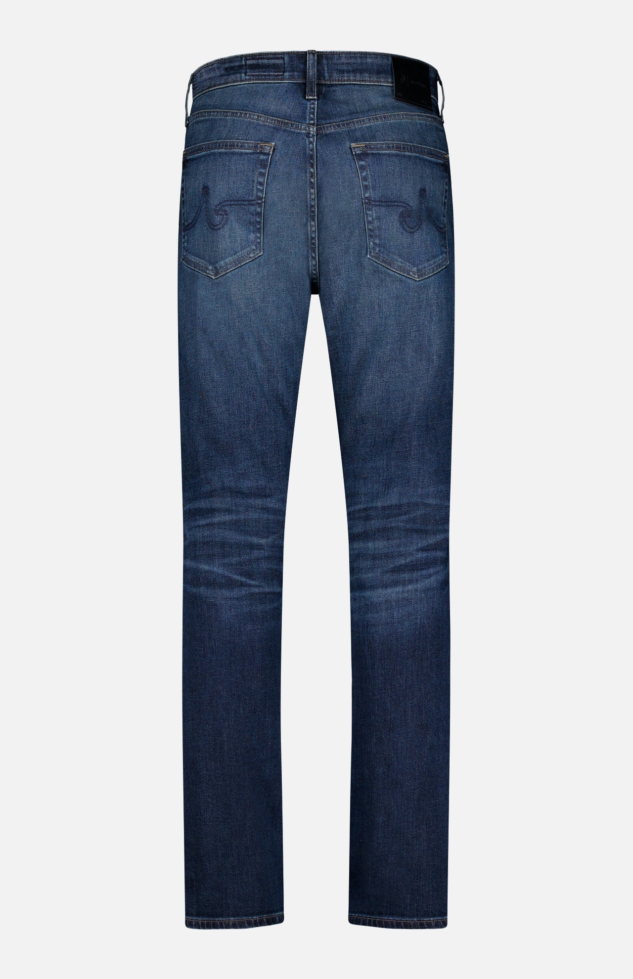 Back view of AG Everett Jean in 5 Years, featuring dark blue denim, slim fit, two rear pockets with stitched detailing, subtle fading, shown against a plain white background.