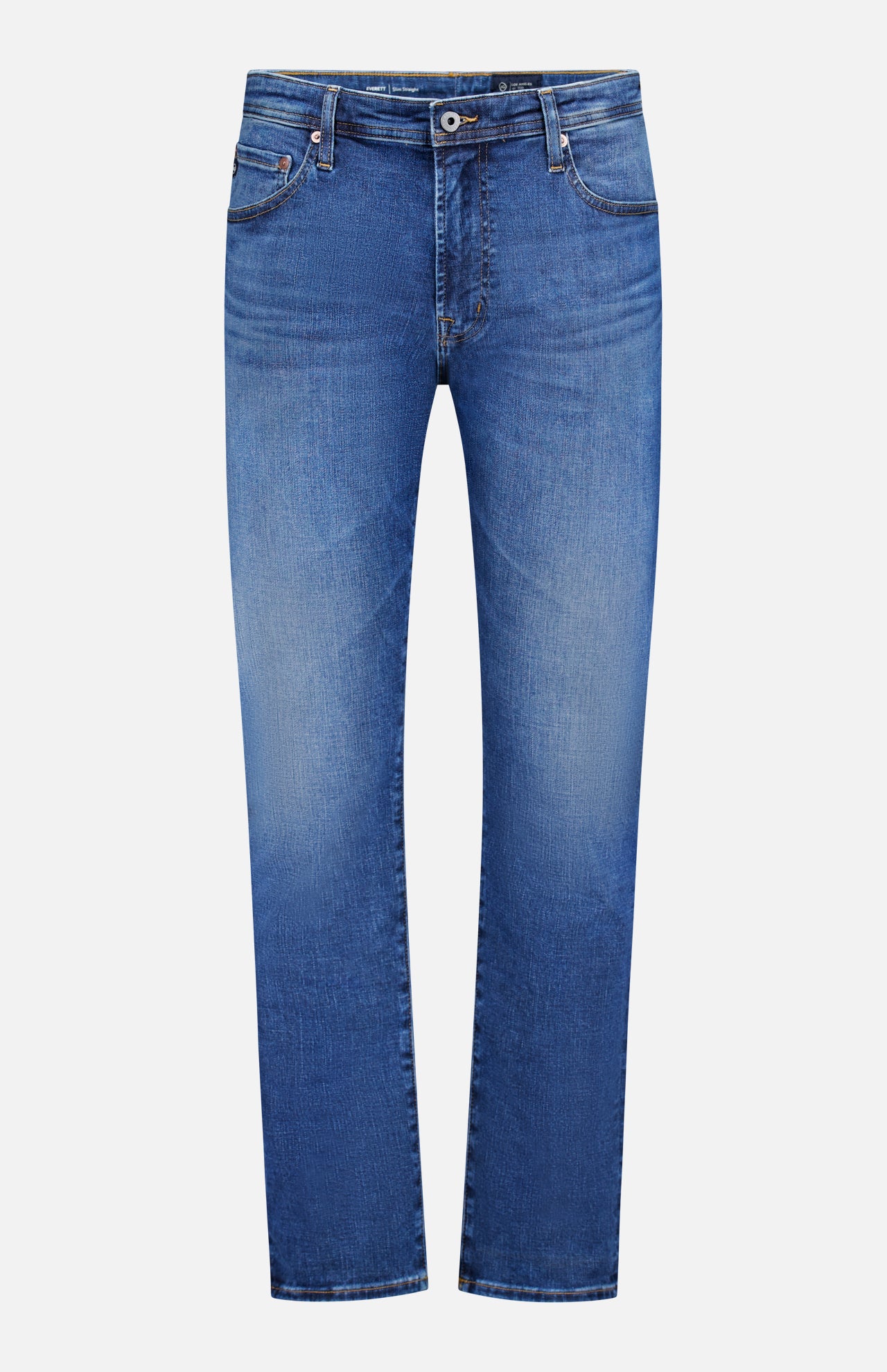 The AG Cloud Soft Everett Jeans in Grove feature a classic dark blue wash, straight-leg cut, five pockets, belt loops, and a button-zipper closure, shown against a white background.