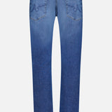 Back view of AG Cloud Soft Everett Jeans in Grove, featuring slim fit, two back pockets, brown leather patch on the waistband, and tan stitching, shown against a plain white background.