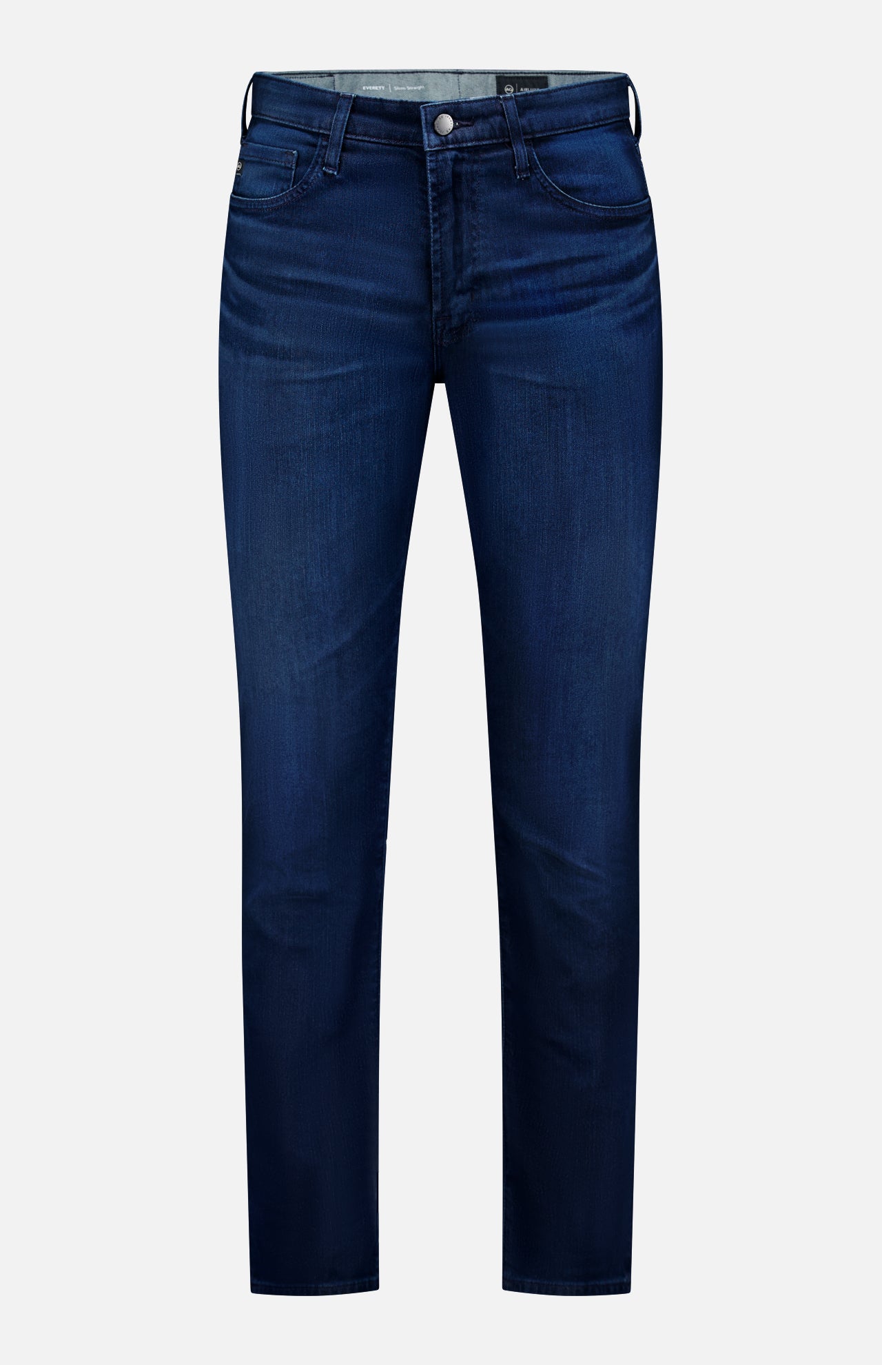 The AG Everett Jeans in Yountville are ultra-dark blue, slim straight denim with a classic five-pocket design, straight legs, and button-zip closure, shown on a plain white background.
