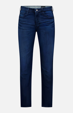 The AG Everett Jeans in Yountville are ultra-dark blue, slim straight denim with a classic five-pocket design, straight legs, and button-zip closure, shown on a plain white background.