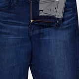 The AG Everett Jeans in Yountville are slim straight, ultra-dark blue denim with slight thigh fading and an open waistband showing the interior lining. Made from Airluxe material for comfort and a modern look.