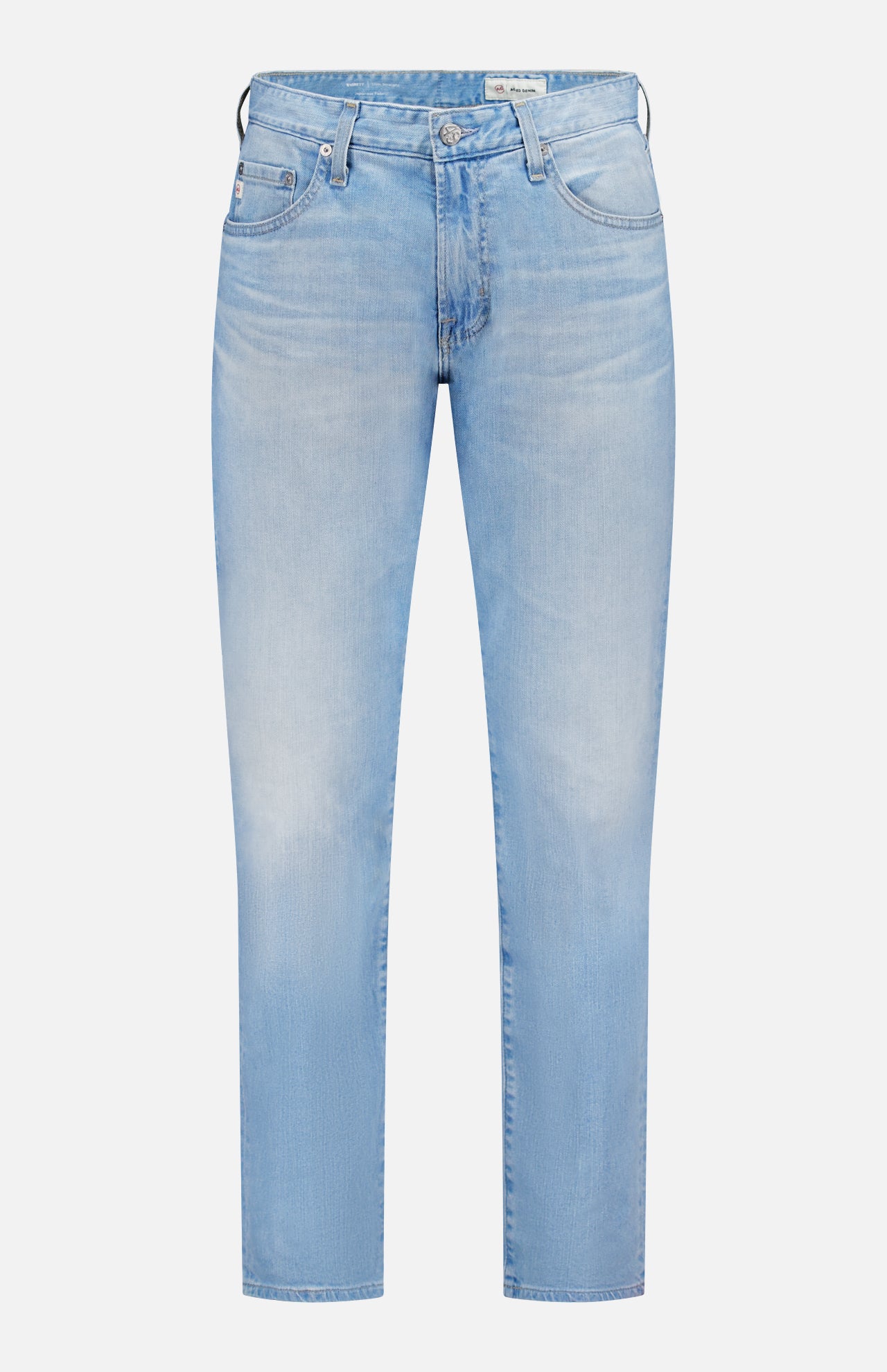 The AG Everett Jeans in 22 Years feature a light blue wash, straight-leg cut, subtle thigh and knee fading, vintage five-pocket design, and button fly closure, shown against a plain white background.