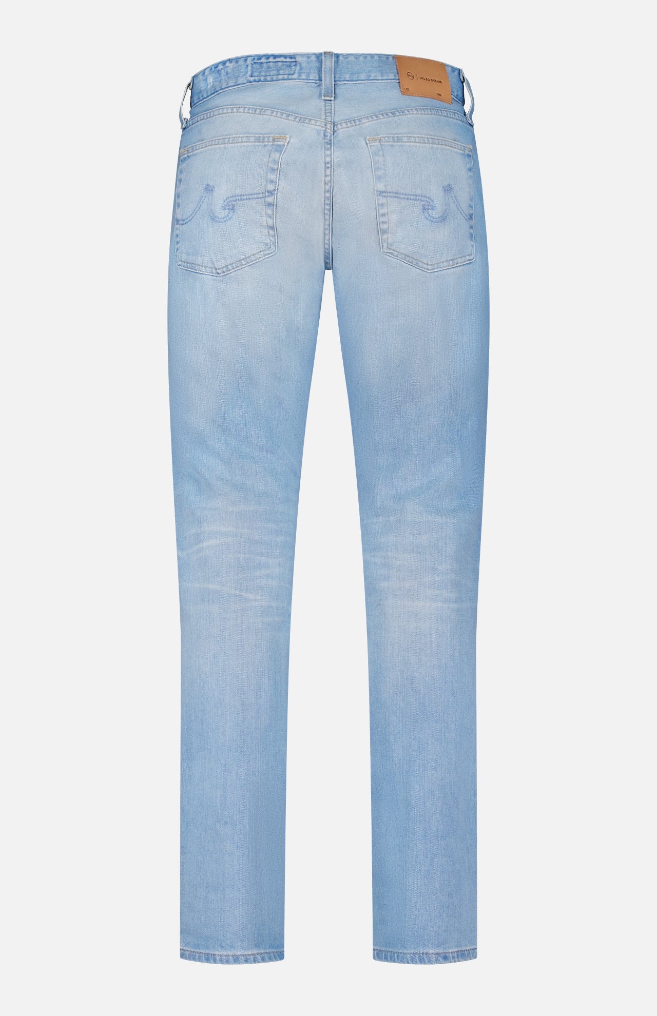 Back view of AG's Everett Jeans in 22 Years: light blue vintage-inspired wash, pockets and stitching detail, straight leg cut, finished with a brown leather patch on the waistband.