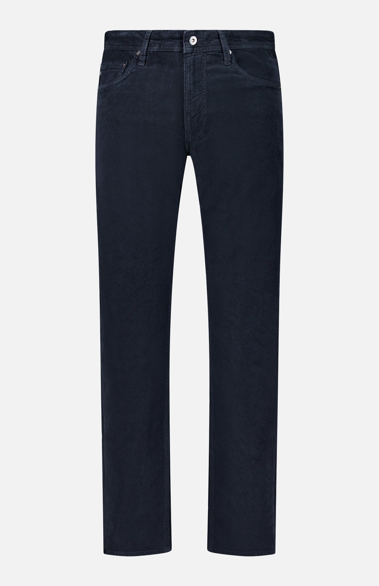 AG’s Everett Slim Corduroy Pant, shown against a plain white background, presents a timeless option in place of traditional dark blue straight-leg jeans with five pockets, button closure, and belt loops.